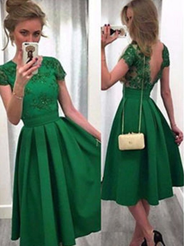 A-Line/Princess Short Sleeves Scoop Satin Homecoming Dresses Lace Laney Short/Mini Dresses