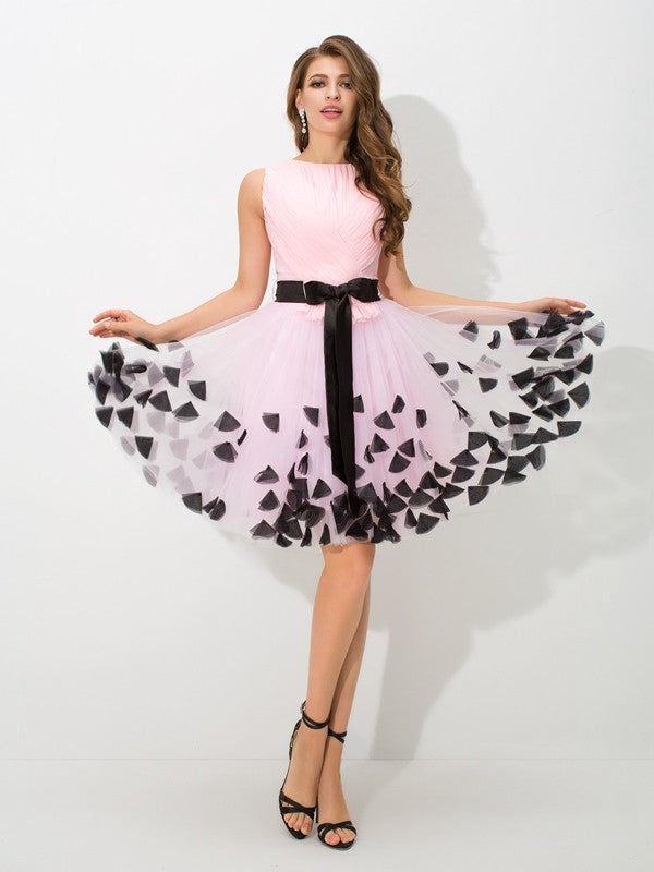 A-Line/Princess High Neck Bowknot Kaitlynn Homecoming Dresses Cocktail Sleeveless Short Net Dresses