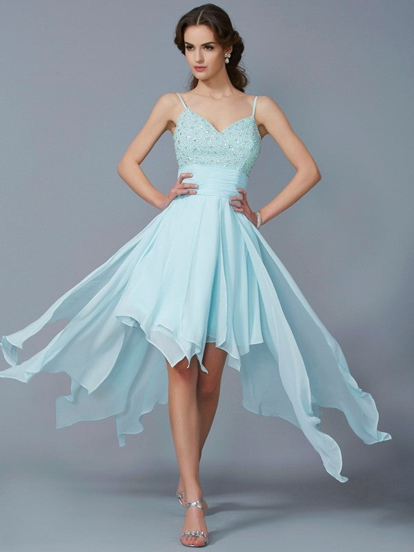 A-Line/Princess Spaghetti Straps Sleeveless Beading High Chiffon Tiana Homecoming Dresses Low