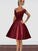 A-Line Off-The-Shoulder Cut Homecoming Dresses Leanna Satin Short With Applique Burgundy