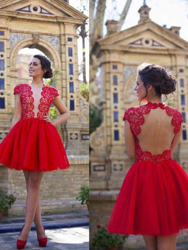 A-Line/Princess Short Sleeves Scoop Short/Mini Tulle Lace Homecoming Dresses Zion Dresses