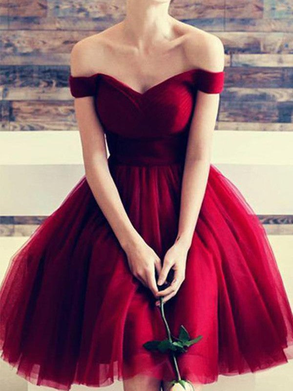 A-Line Off-The-Shoulder Cut Short With Lacey Homecoming Dresses Ruffles Tulle Red