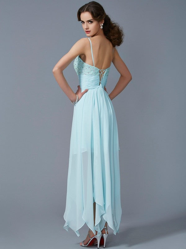 A-Line/Princess Spaghetti Straps Sleeveless Beading High Chiffon Tiana Homecoming Dresses Low