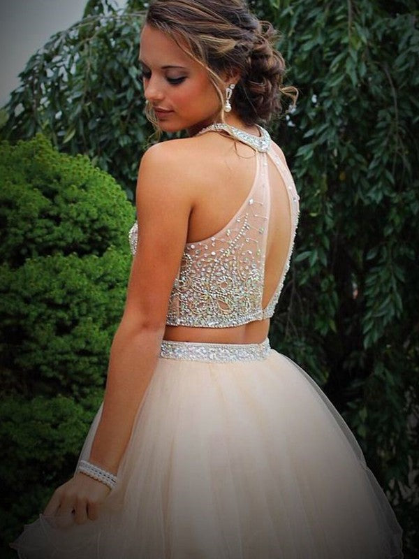 A-Line/Princess Homecoming Dresses Elle Scoop Beading Sleeveless Short/Mini Tulle Two Piece Dresses