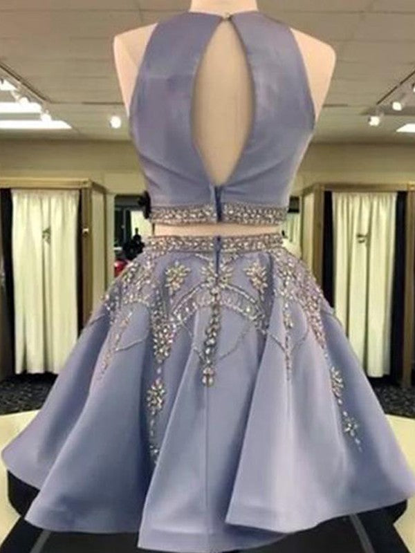 A-Line/Princess Sleeveless Bateau Beading Short/Mini Two Piece Dresses Homecoming Dresses Lacey Satin